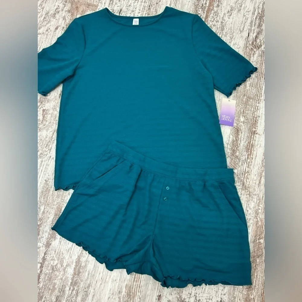 STARS Above Women's Turquoise Teal Blue Textured Knit Pajama Shorts 2pc Set